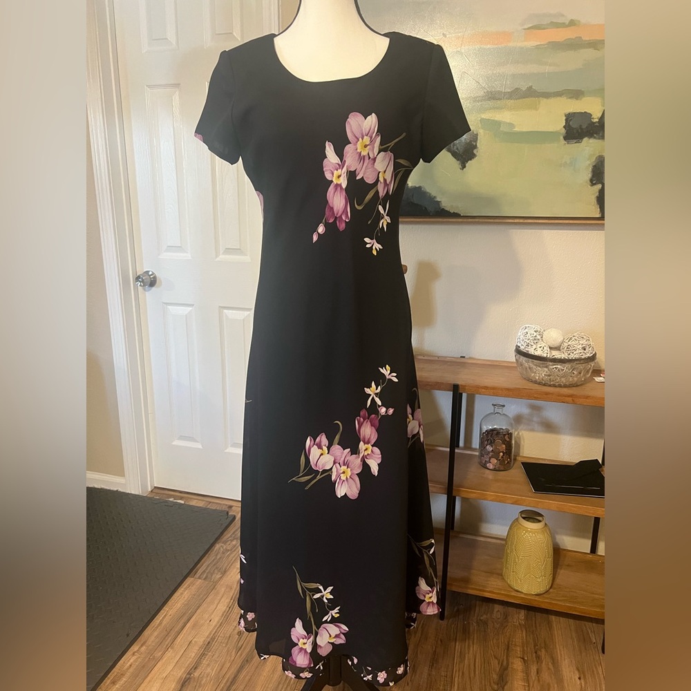 Jessica Howard Petite 10 Black Floral Maxi Dress Pink Orchid  90s Y2K Formal